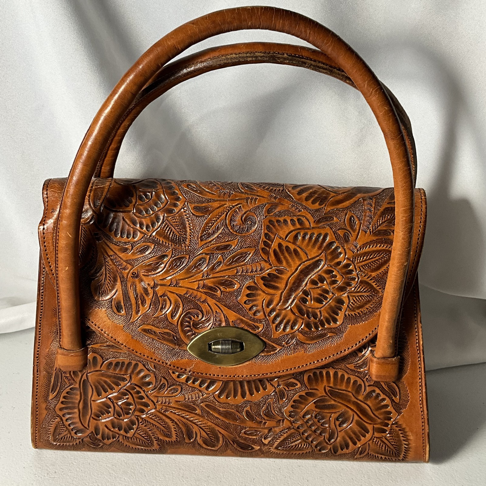 Vintage Tooled Leather Handbag Purse Mexico Lopez 1950s Mid Century Floral Vintage Tooled Leather Handbag Purse Mexico Lopez 1950s Mid Century Floral