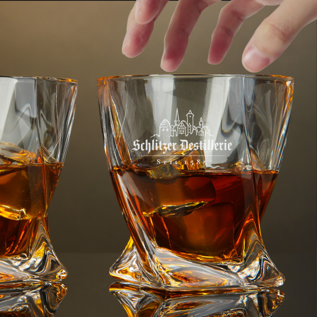 Custom Engraved Schlitzer Destillerie Whiskey Glass – 10 oz Twisted Rocks Glass