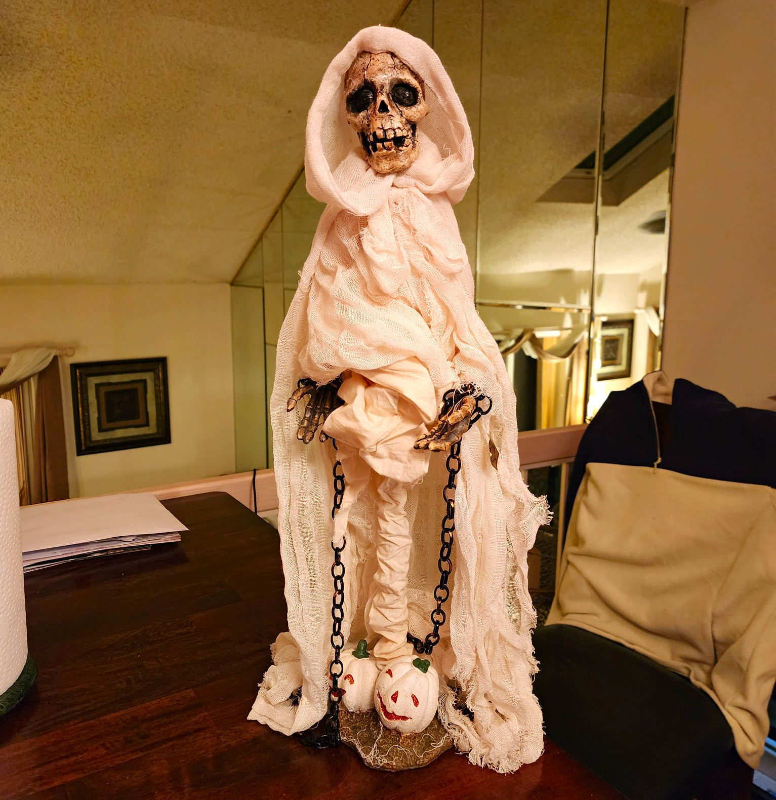 Mark Roberts Halloween Hooded Skeleton Figure w/ Chains & Pumpkin Base, Gauze