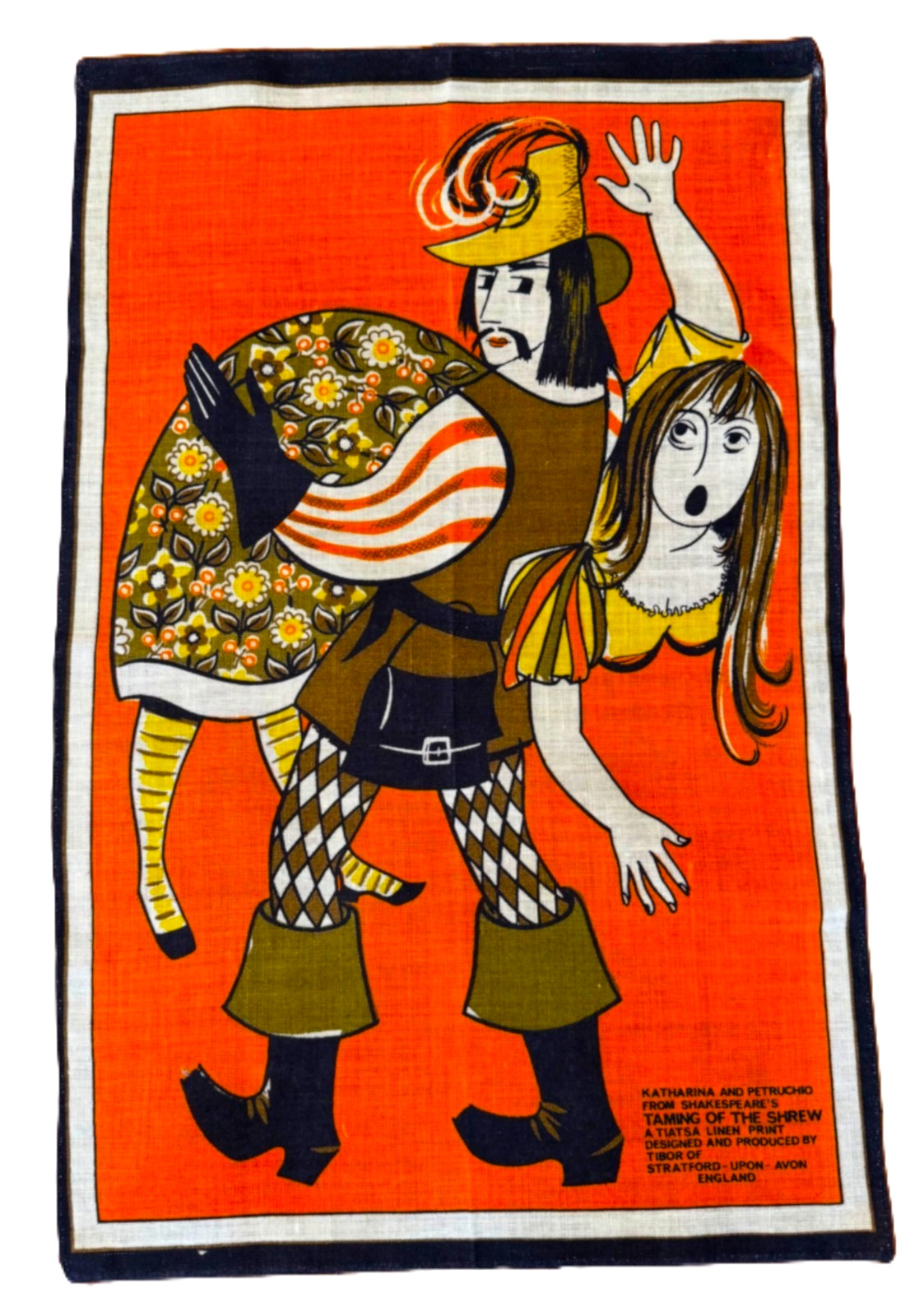 NWOT 60s/70s Linen Tea Towel Wall Art SHAKESPEARE TAMING OF THE SHREW