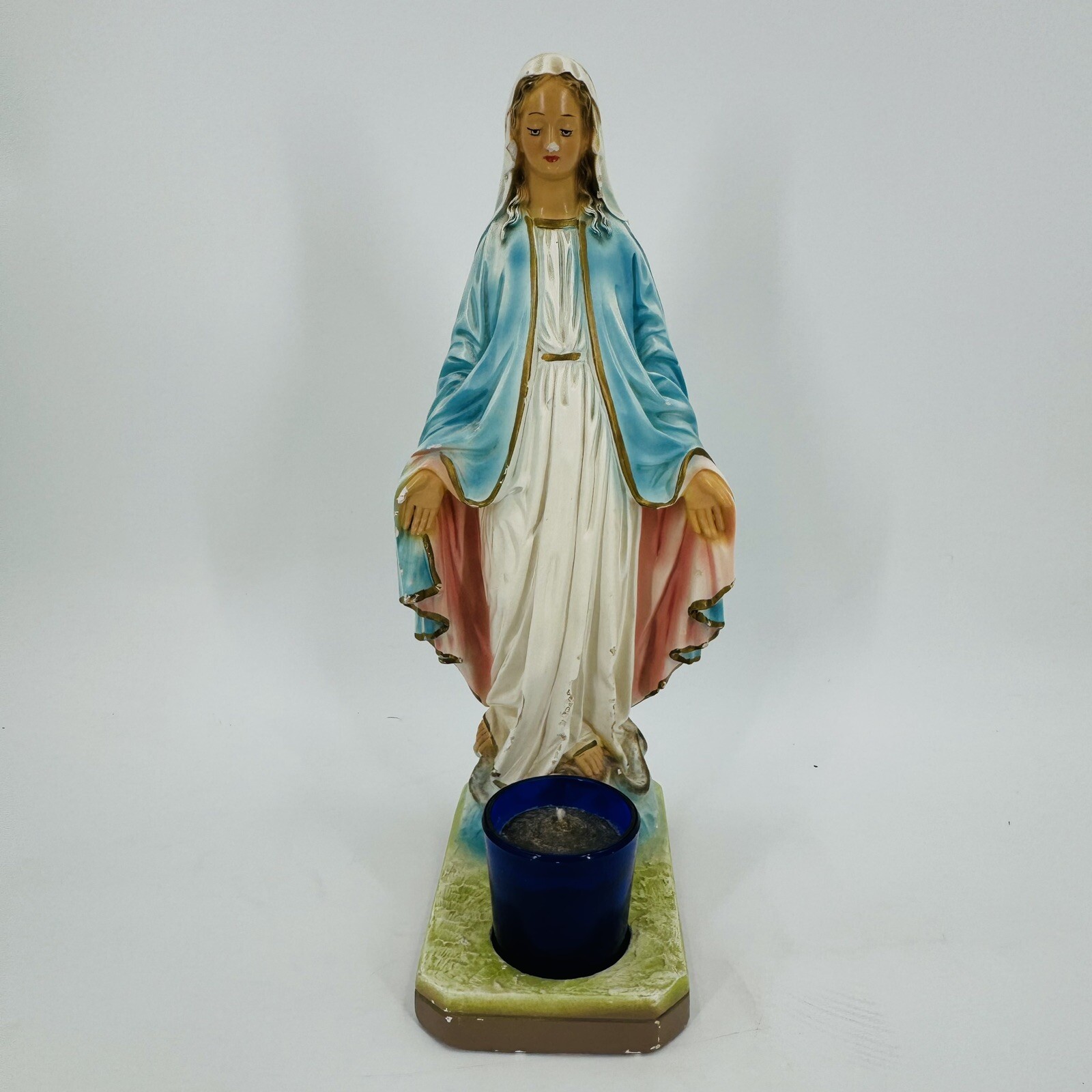 Vntg Madonna Mother Mary Chalkware Statue Devotional Candle Holder 14” Vntg Madonna Mother Mary Chalkware Statue Devotional Candle Holder 14”