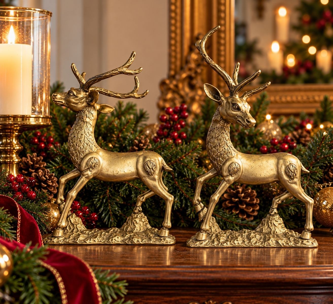 Vintage Brass Deer Statue Pair Textured Details For Christmas or Home