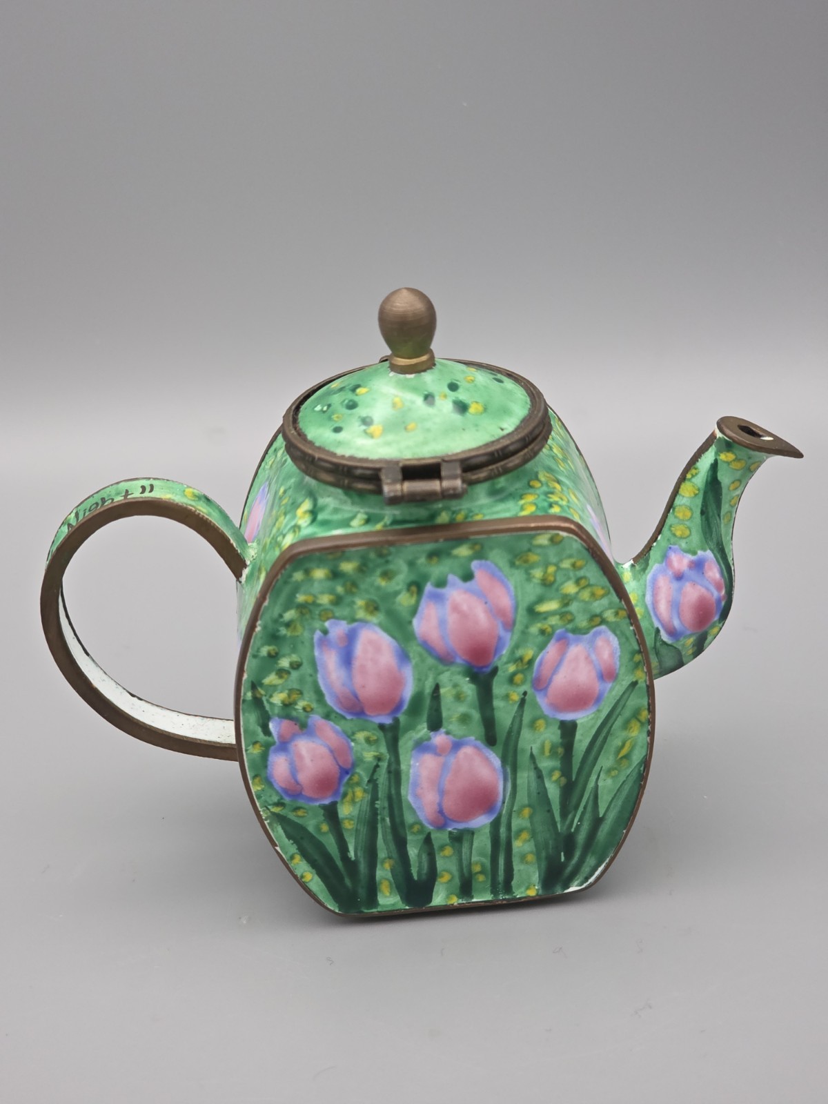  Kelvin Chen Enamel Miniature Hinged Teapot No. 1168 Year 2001 Tulips 