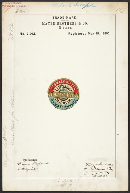 Photo:Mayer Brothers & Co Litthauer Bitters Trade Mark 1880s label patent