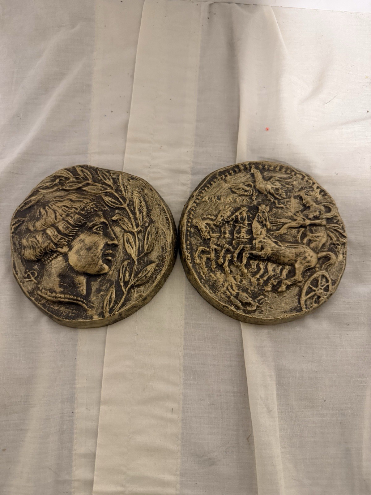 Vintage Greek Roman Style Resin Relief Wall Plaques Chariot Woman Pair 6” Vintage Greek Roman Style Resin Relief Wall Plaques Chariot Woman Pair 6”
