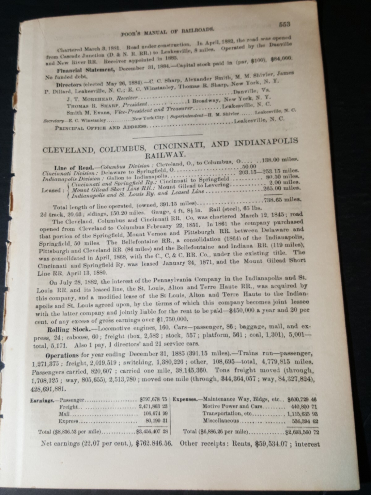 1886 train report CLEVELAND COLUMBUS CINCINNATI & INDIANAPOLIS RAILROAD Ohio