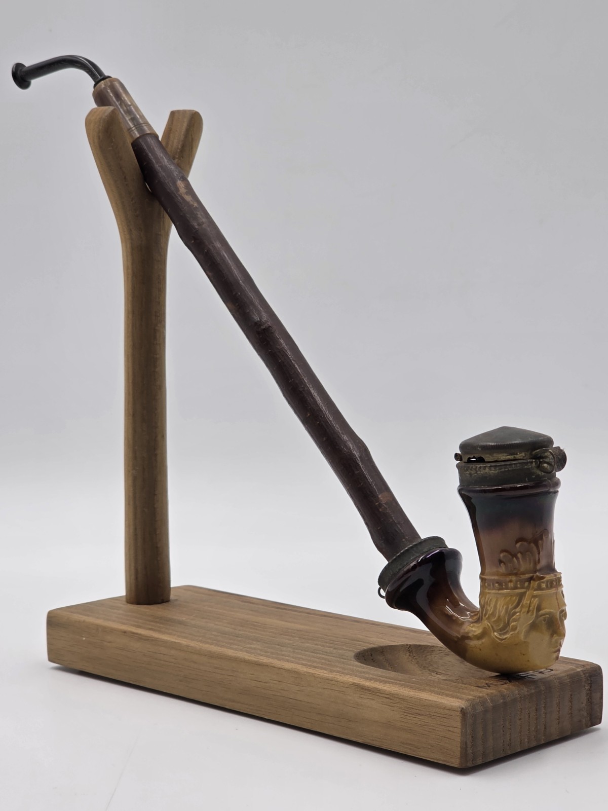 Antique C1890 German Figural Ceramic Tobacco Pipe Long Wood Stem Hinged Wind Cap