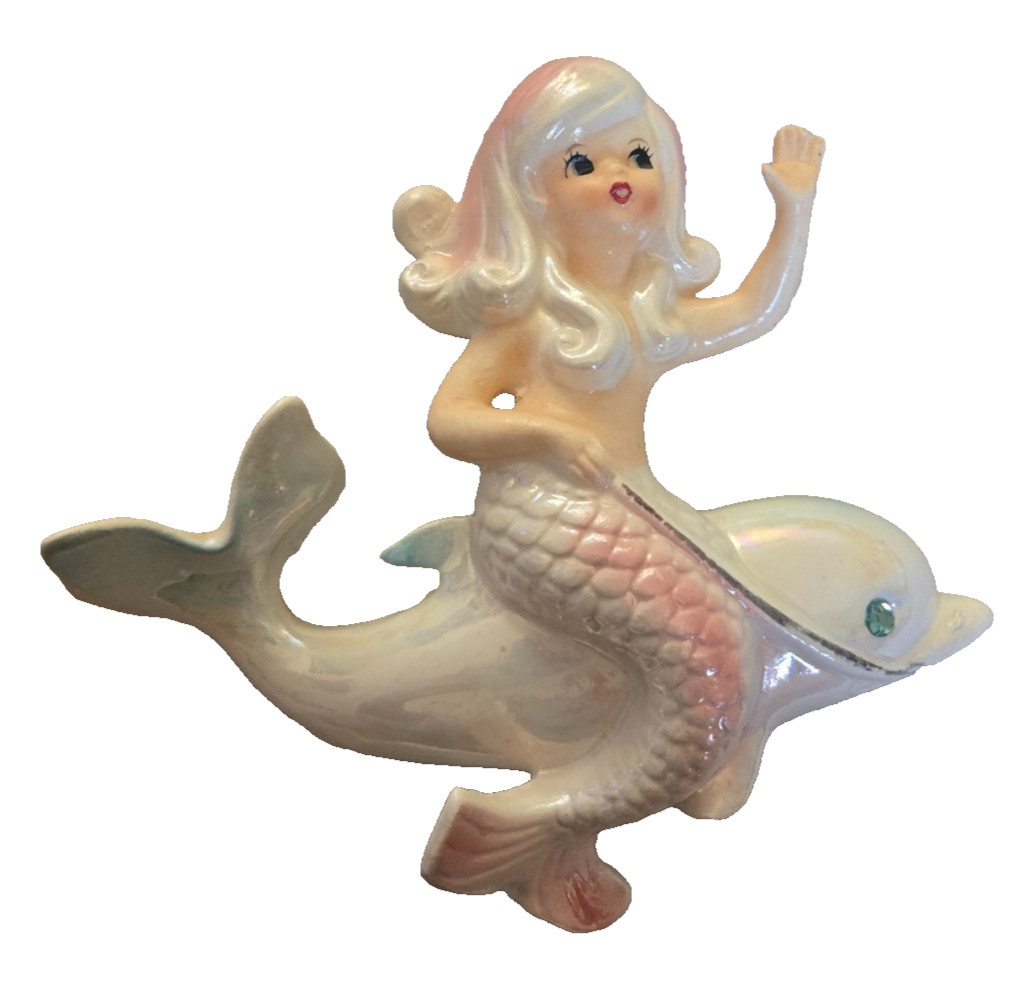 Lefton/Japan Vintage Mermaid Wall Plaque Riding Dolphins w/ Rhinestone Eye #6445