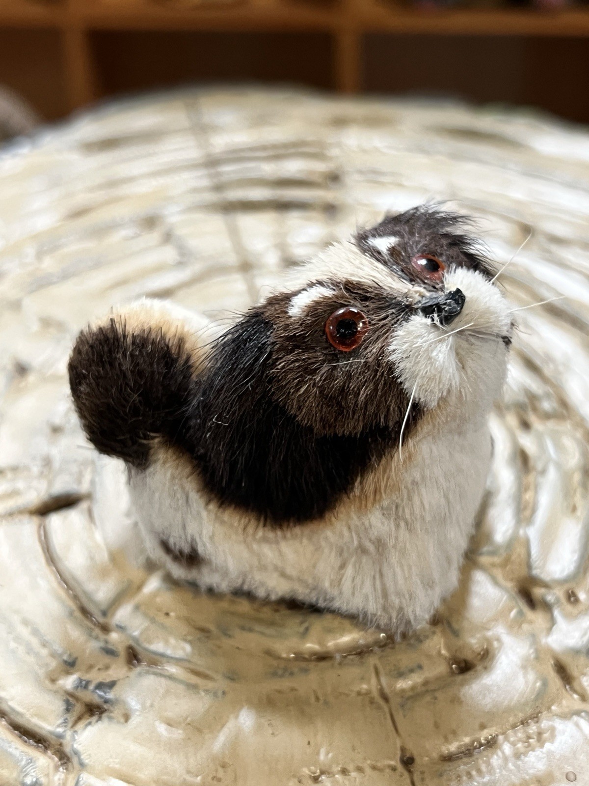 Vintage Miniature Brown Tan White Dog Puppy Tiny Fake Pet Fur Dollhouse