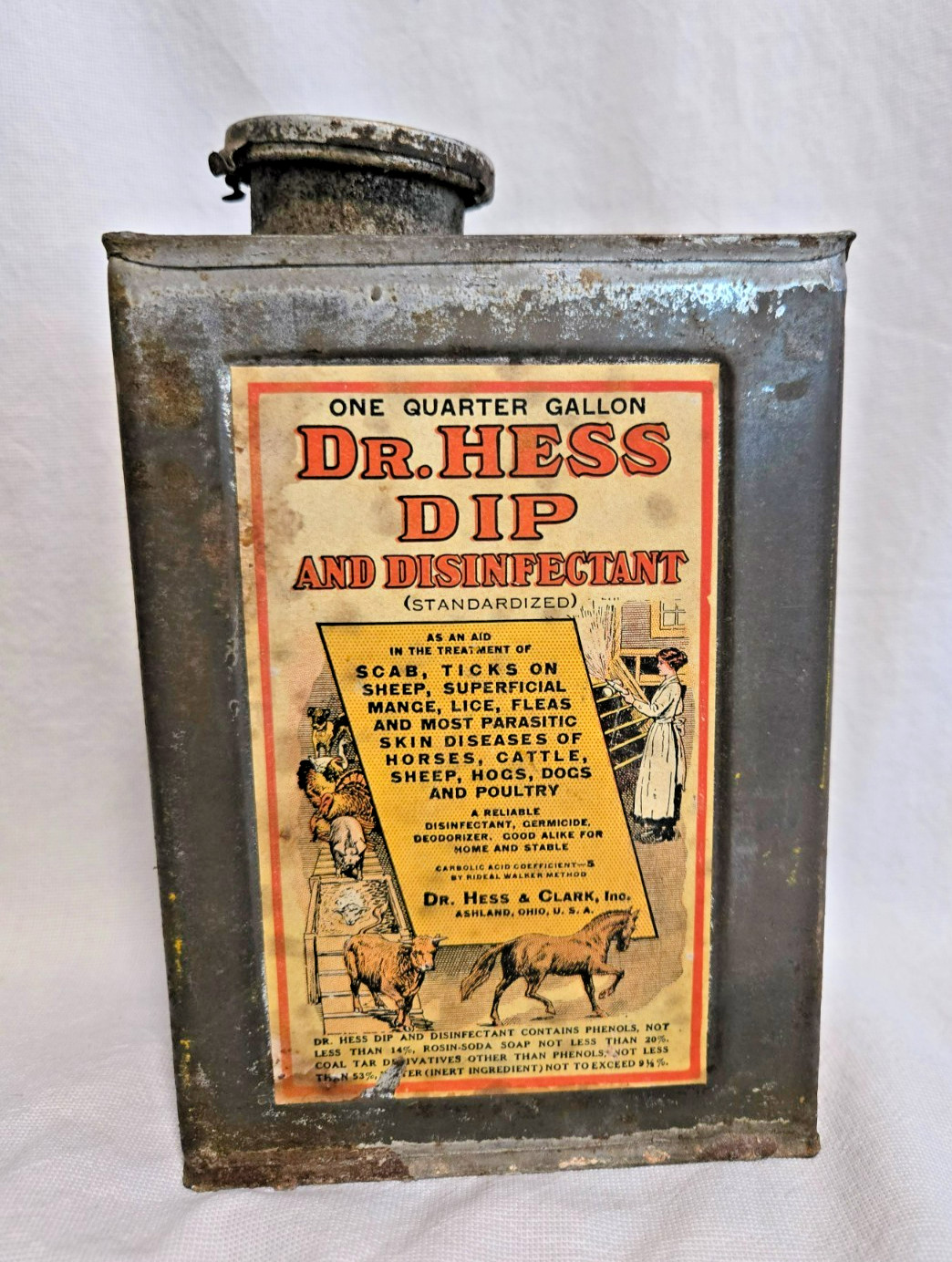 Vintage Veterinarian Dr. Hess Dip & Disinfectant Medical Tin Metal Advertising Vintage Veterinarian Dr. Hess Dip & Disinfectant Medical Tin Metal Advertising
