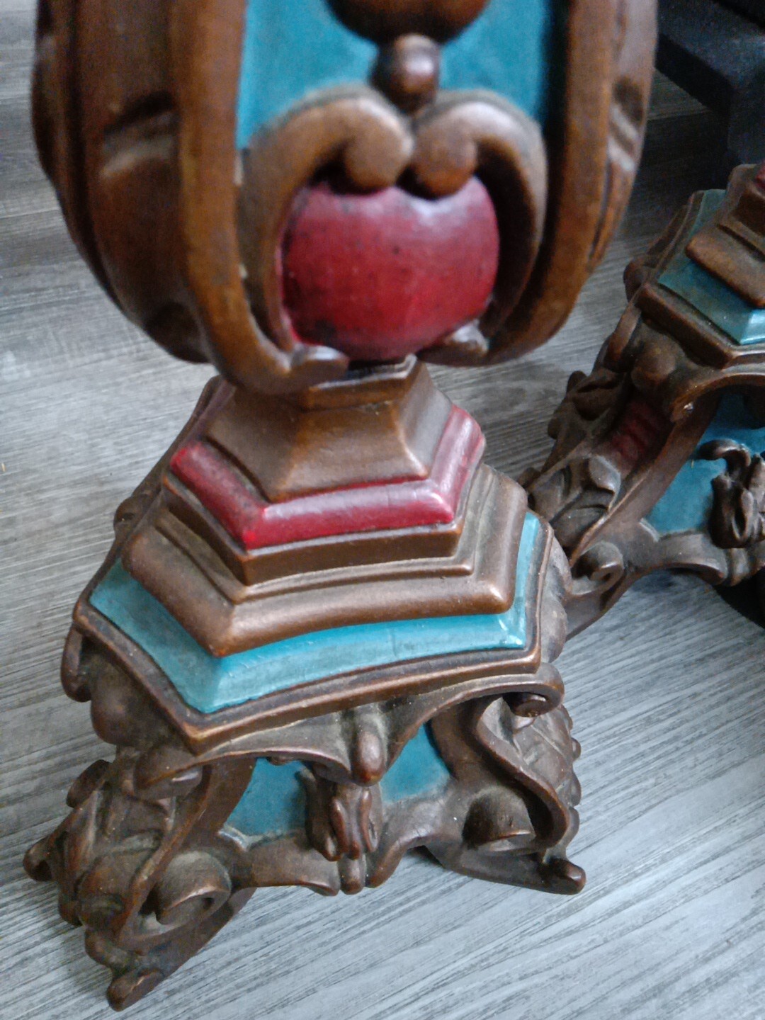 French Canadian Antique Blue Red Cathedral Candlesticks Rare French Canadian Antique Blue Red Cathedral Candlesticks Rare