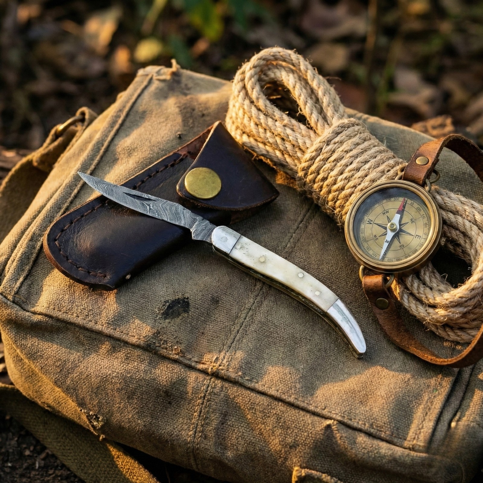 Damascus Folding Pocket Knife Camel Bone Trapper Slipjoint EDC with Sheath