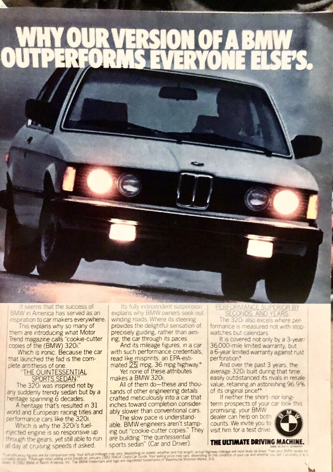 BMW 320i   Vintage Magazine Print Ad 1982 Original