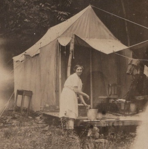 CREASED 1930s Woman Camping Canvas Tent Camp Life Washing Basin