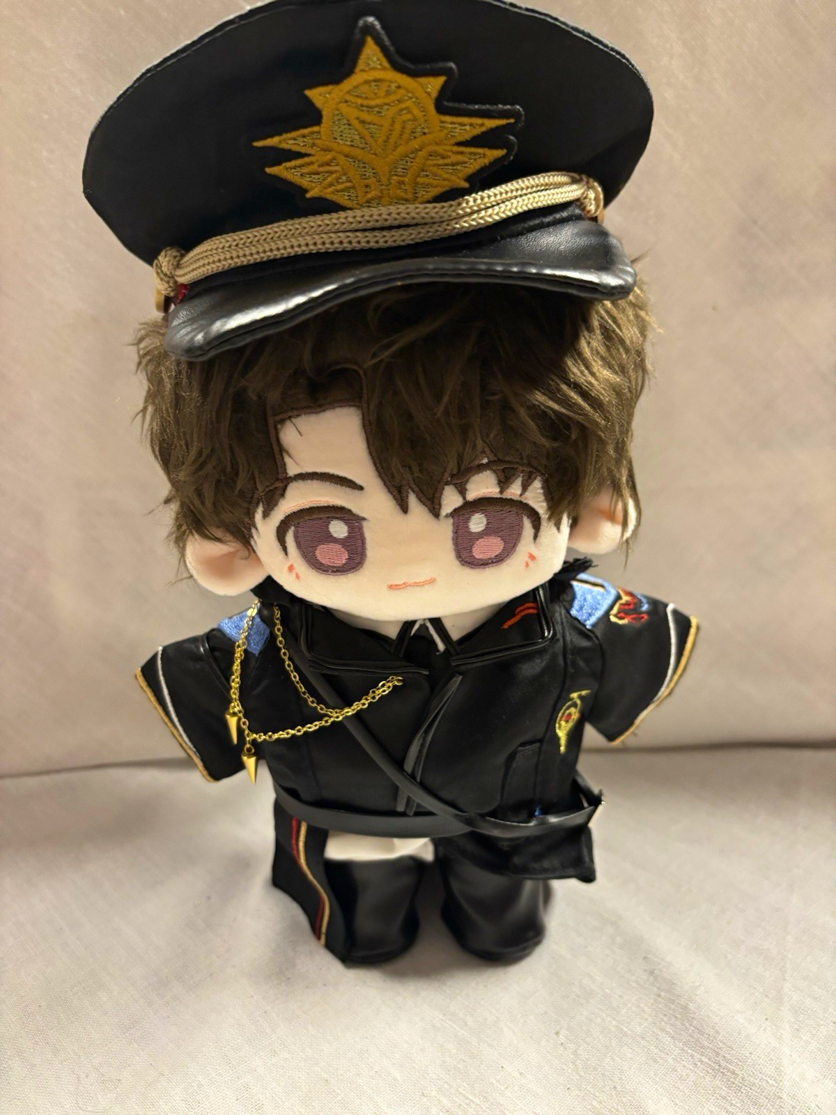 Animation Bear Plush Doll, Brown Hair, Black Uniform Outfit Hat, With Clothes Animation Bear Plush Doll, Brown Hair, Black Uniform Outfit Hat, With Clothes