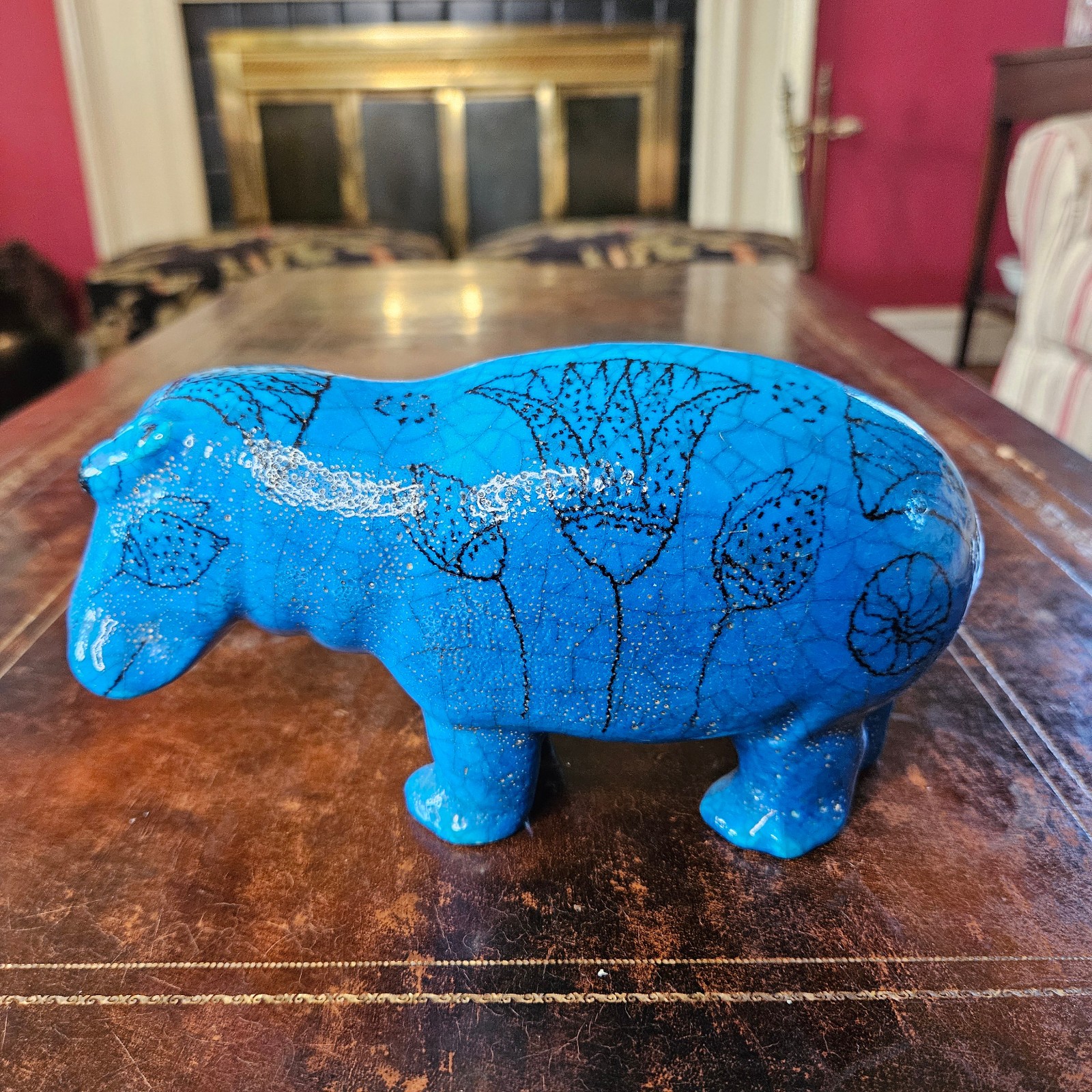 Vintage Blue Faience Hippo Figurine, Marked Italy, William The Hippo Style, 7.5\ Vintage Blue Faience Hippo Figurine, Marked Italy, William The Hippo Style, 7.5\