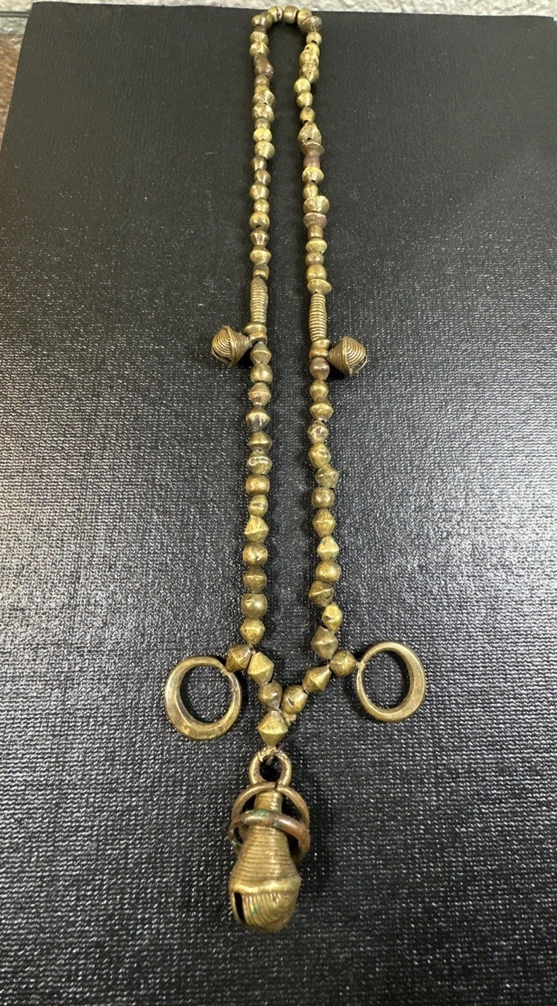 Amazing Strand of Antique Baule Brass Beads 32” With Bells Nice Patina Rare Find
