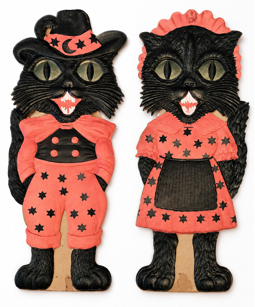 Antique 1920s German Halloween Die Cut Black Cats Pair 19.5\