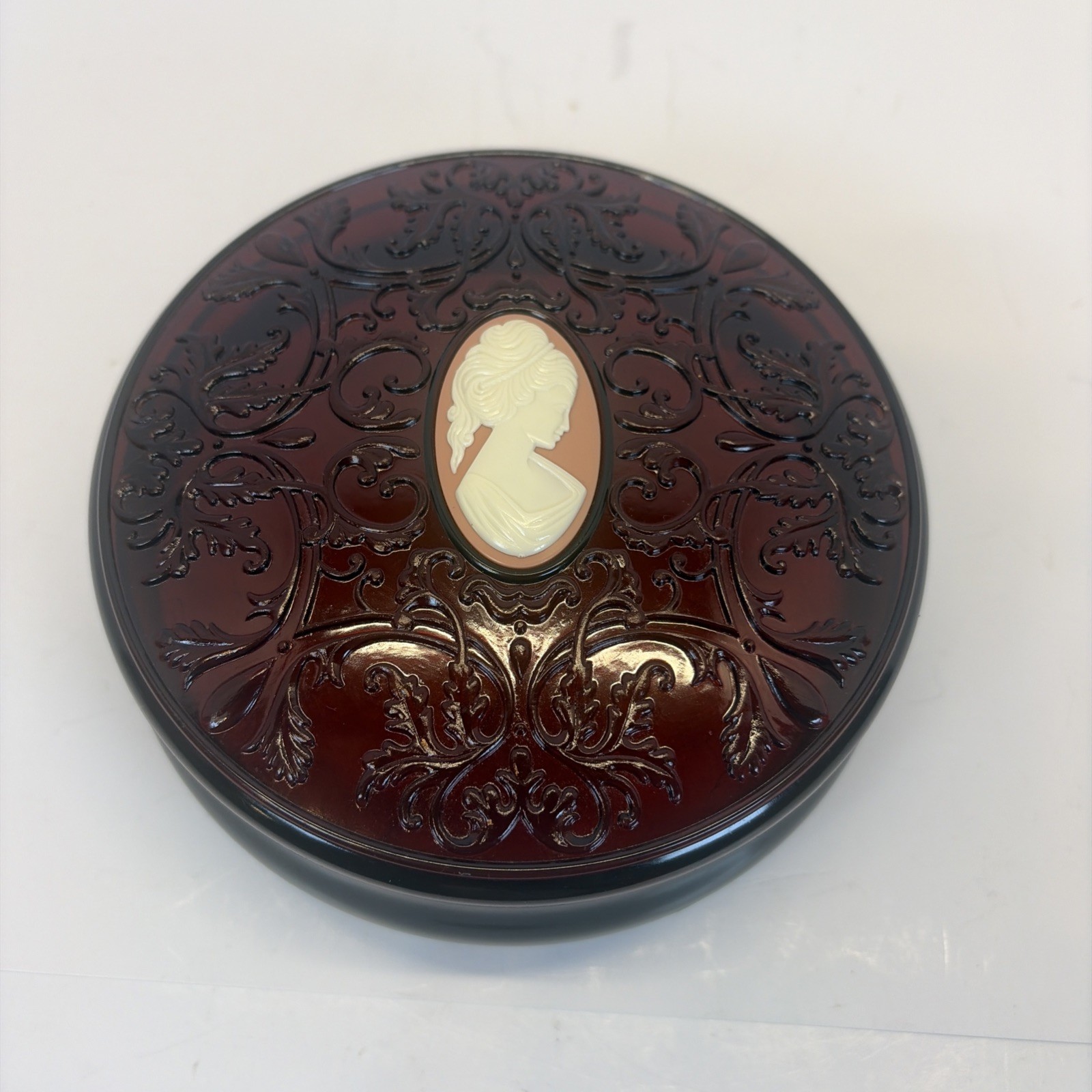 Vintage Avon Plastic Burgundy Cameo Powder Box - Empty Box. 5 3/8” wide 2 1/4”h