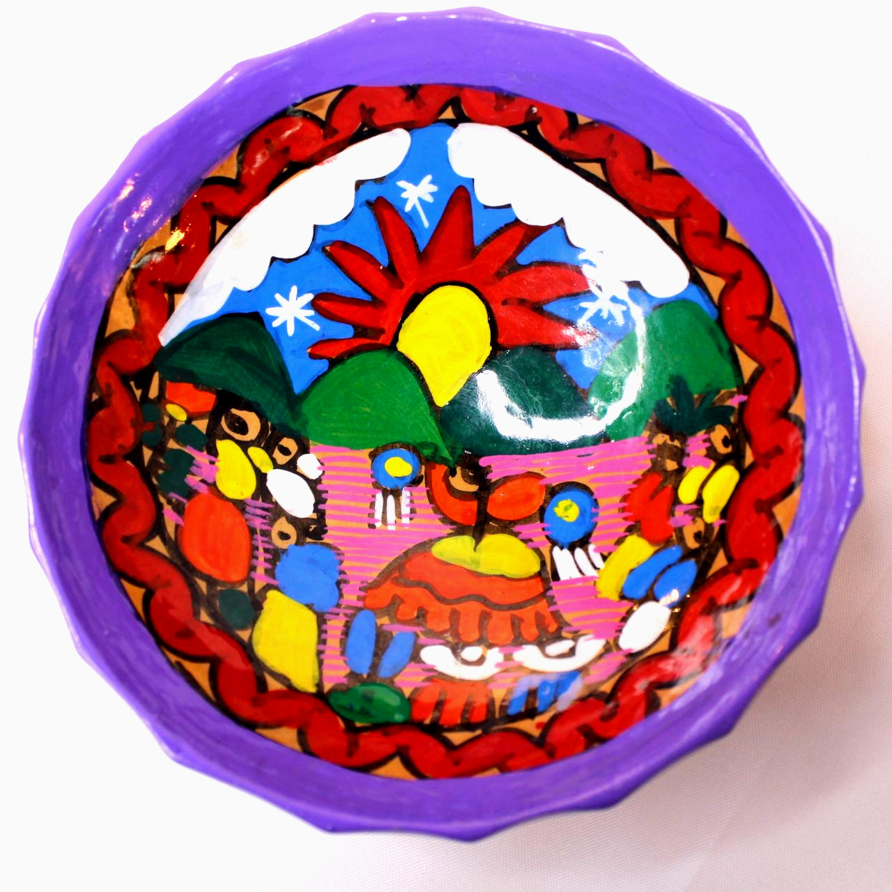 Hand-Painted Footed Ceramic Bowl Purple Rim Folk Art Sun Motif Tripod Decorative Hand-Painted Footed Ceramic Bowl Purple Rim Folk Art Sun Motif Tripod Decorative
