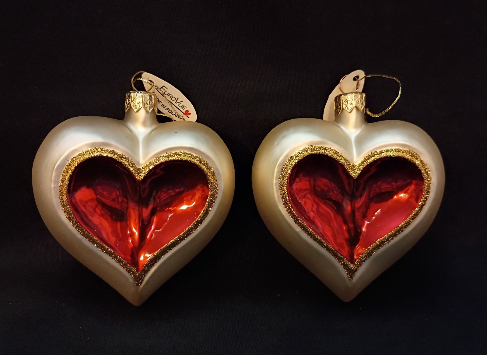 EUROVUE Poland 🎄Christmas Tree Glass Ornaments🎄Red & Gold Glittered Hearts❤️