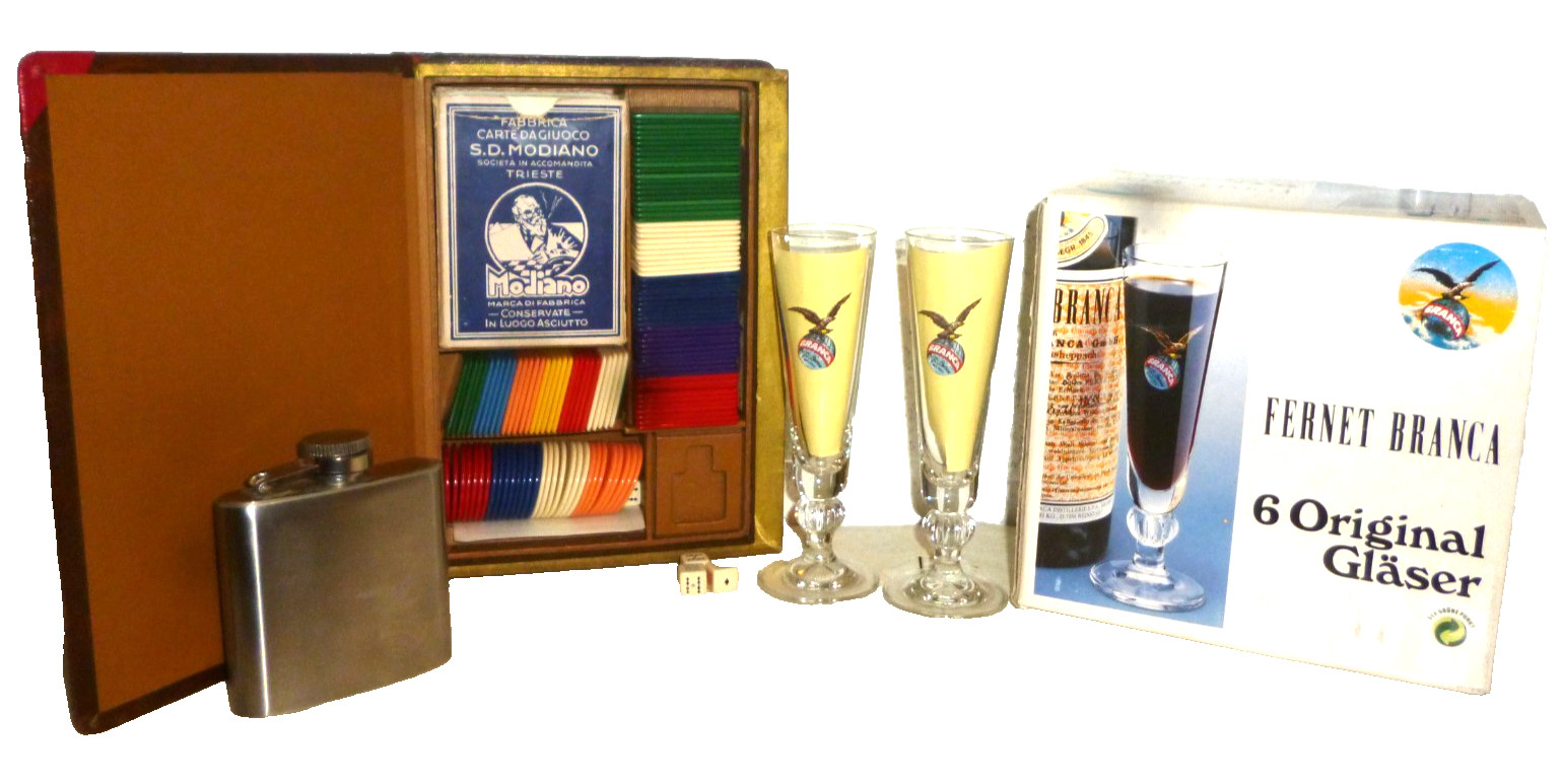 1950s Fernet Branca Jolly Joker Play Book, 6 Fernet Glasses, Flask, Pin  & Truck