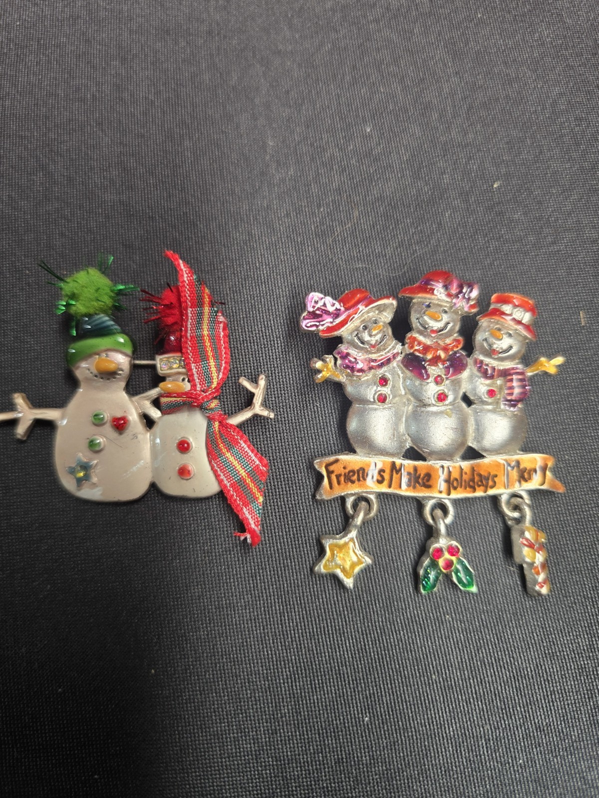 AJMC Pewter Christmas Brooch Pin Lot 2pc Snowman Friends Dangle Charms Vtg