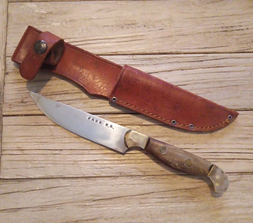 Vintage FAMA MANIAGO Hunting Knife Custom ITALY Leather Sheath Wood Handle_AE