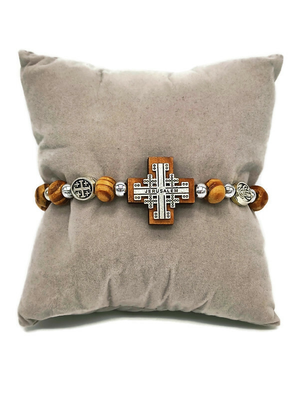 Olive Wood Bracelet Icon Jerusalem Cross Sliver Elastic Hand Made Holy land Gift
