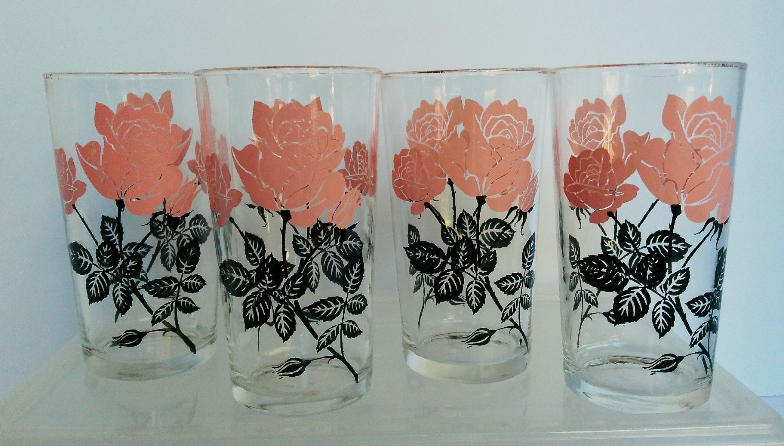 Set of 4 Vintage 1960's Hazelware Pink Black Roses Floral Tumbler Glasses 12 Oz
