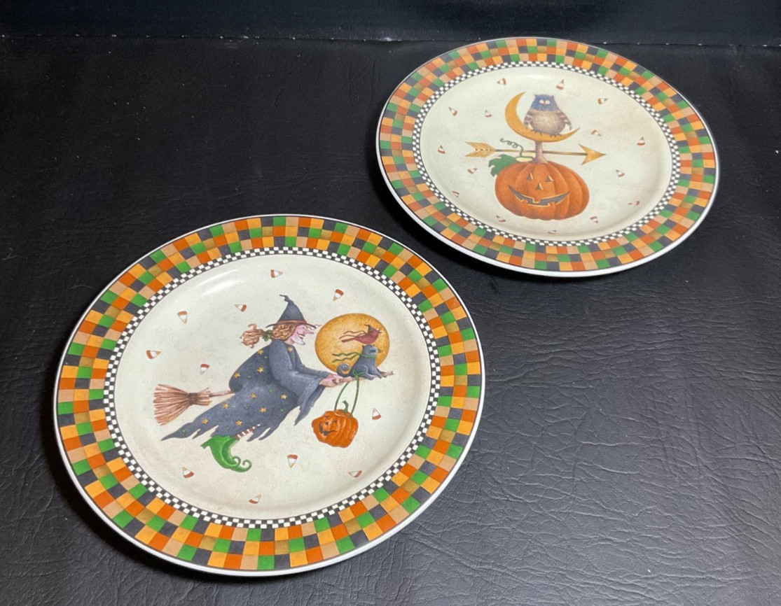 Vintage 1998 Debbie Mumm Sakura Halloween 2 Salad Dessert Plates Stoneware Set Vintage 1998 Debbie Mumm Sakura Halloween 2 Salad Dessert Plates Stoneware Set