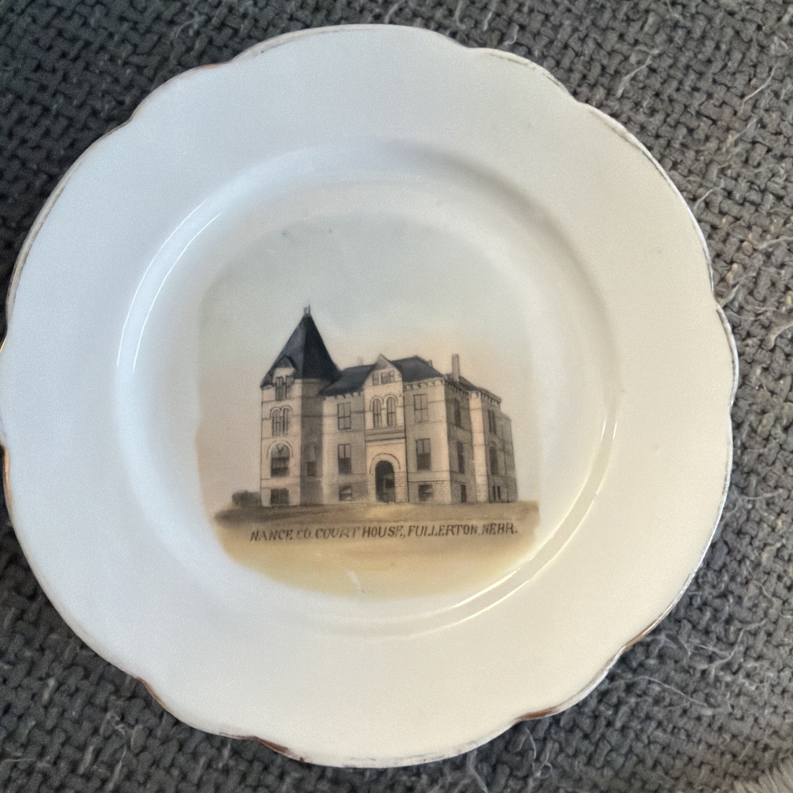 6” Vintage Ceramic Plate Featuring Nance County Courthouse, Fullerton, Nebraska 