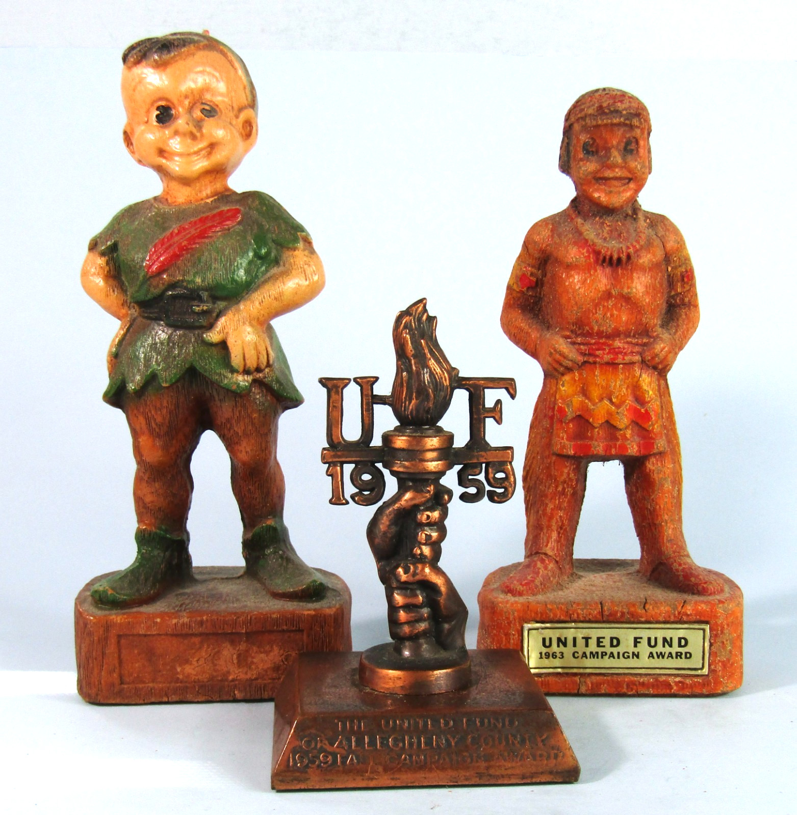 THREE VINTAGE UNITED WAY FUND RAISER AWARDS FIGURINES ADVERTISING PAPERWEIGHTS