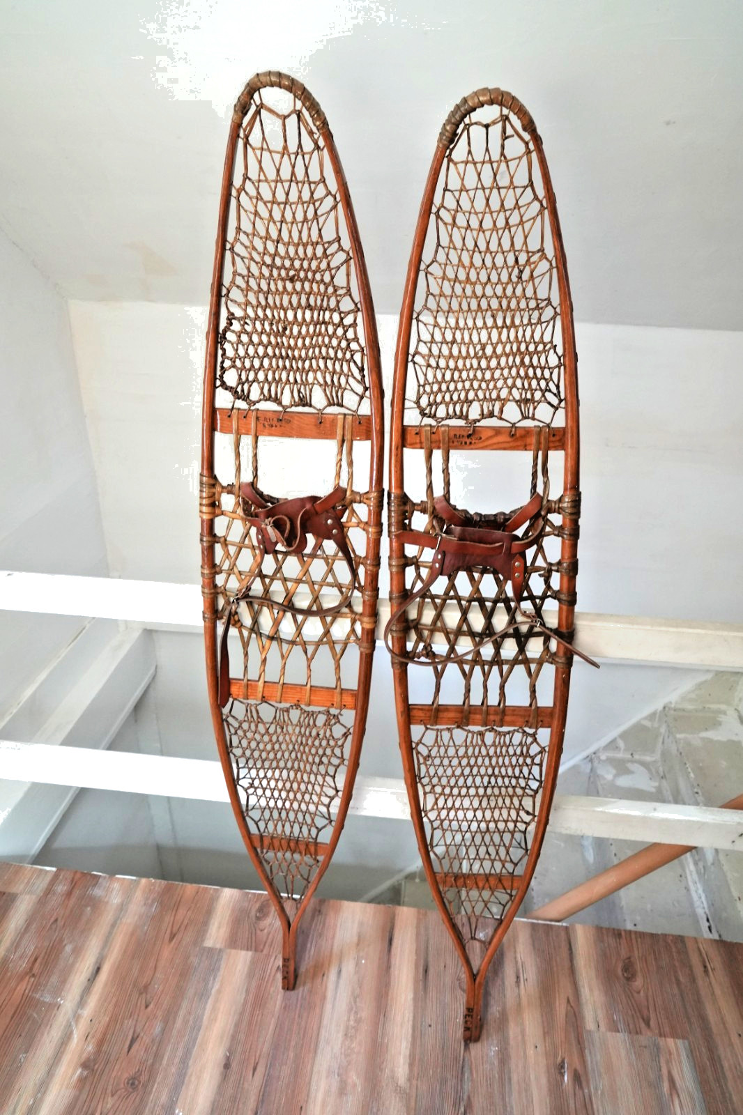 Vintage Bentley Wilson Wooden Snowshoes + Bindings 58x10 Camden NY 