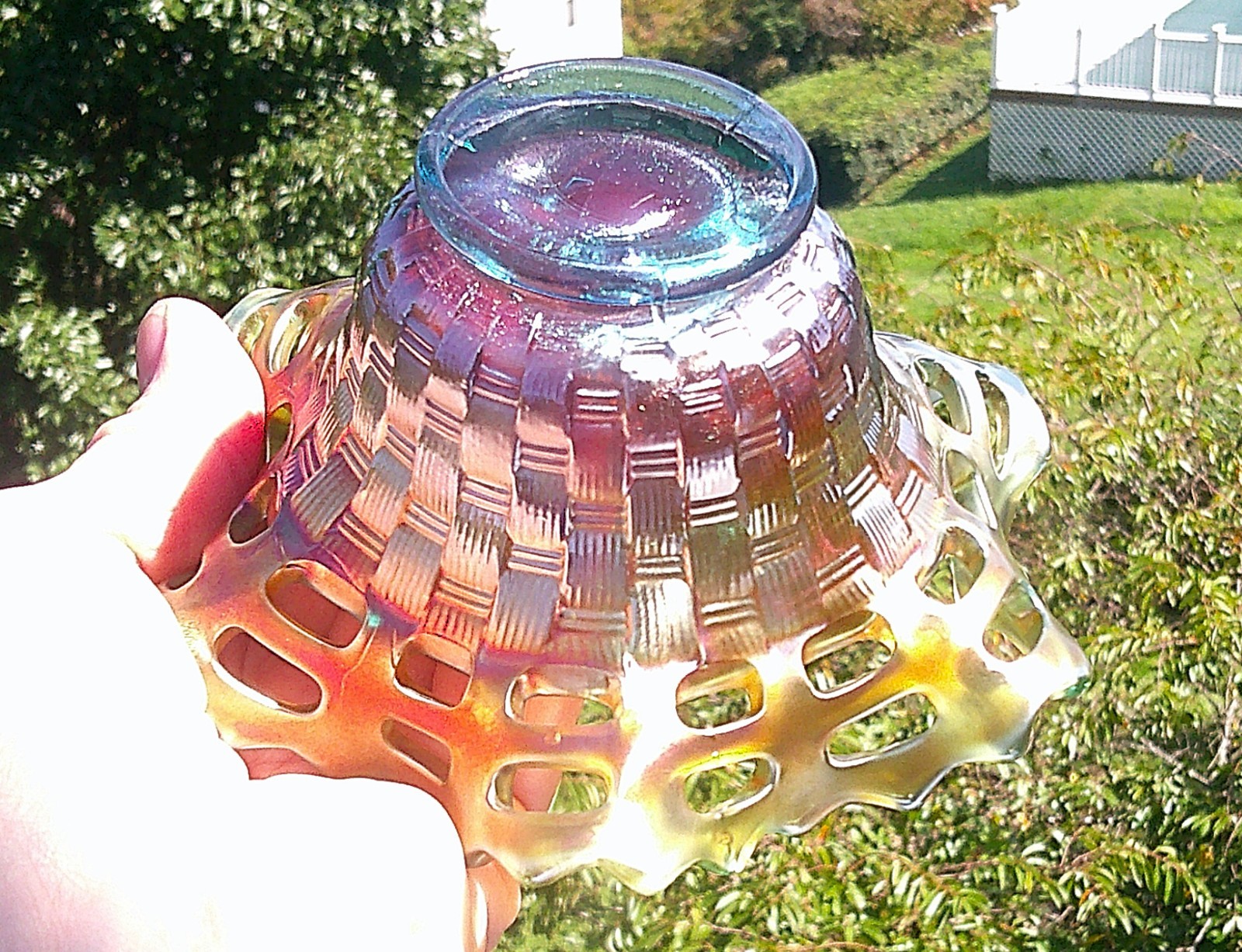 ANTIQUE FENTON CARNIVAL GLASS AQUA URANIUM GLOW BASKET WEAVE SMALL BOWL c 1911