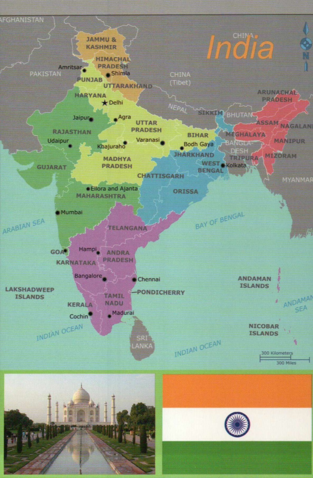 Map of India, Flag, Taj Mahal in Agra, Mumbai, Delhi etc. --- Modern Postcard Map of India, Flag, Taj Mahal in Agra, Mumbai, Delhi etc. --- Modern Postcard