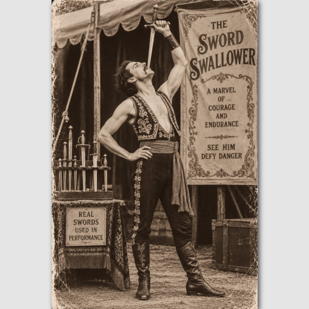 SIdeshow Preformer Sword Swallower Photo Circus Vintage Print Oddity Odd  247