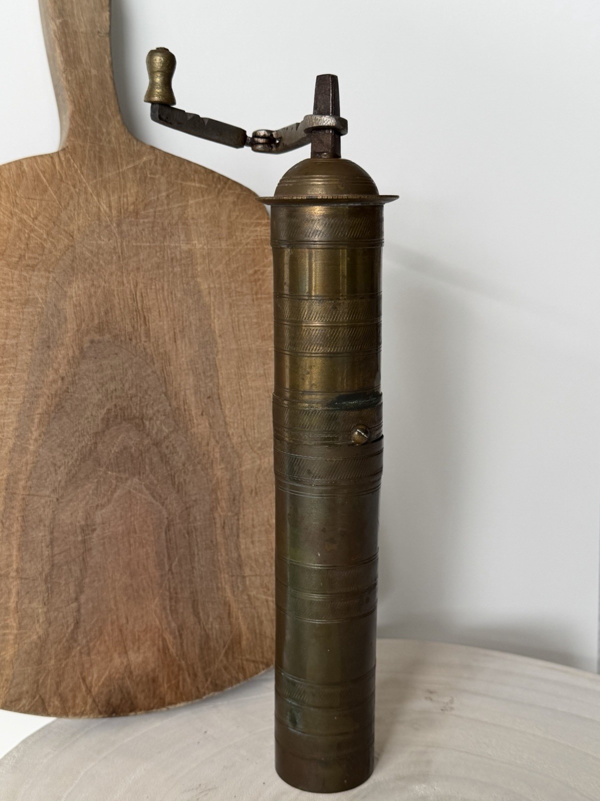 11” Vintage Turkish Brass Coffee Grinder Sönmez Kardeşler, Istanbul No. 5 Patina