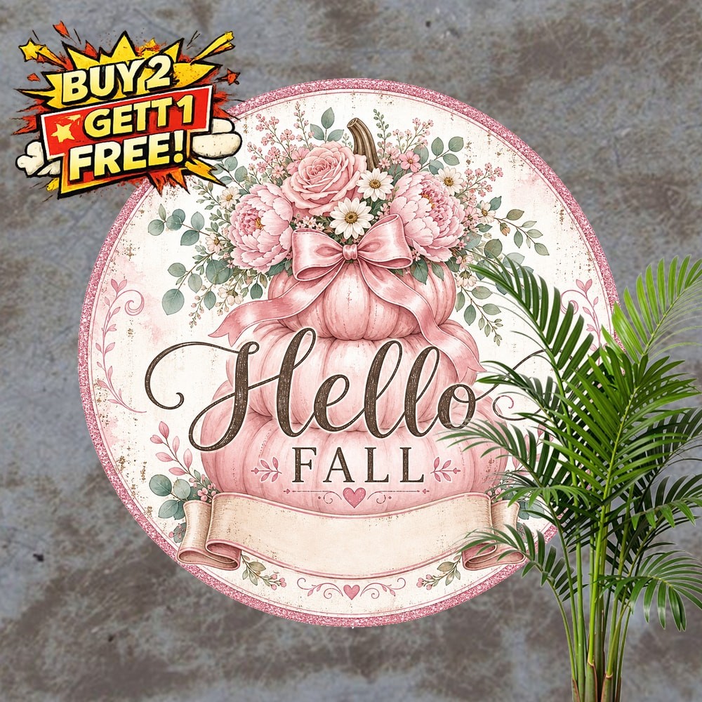 Hello Fall Pink Pumpkin Floral Artwork Round Metal Sign Wall Decor 8x8