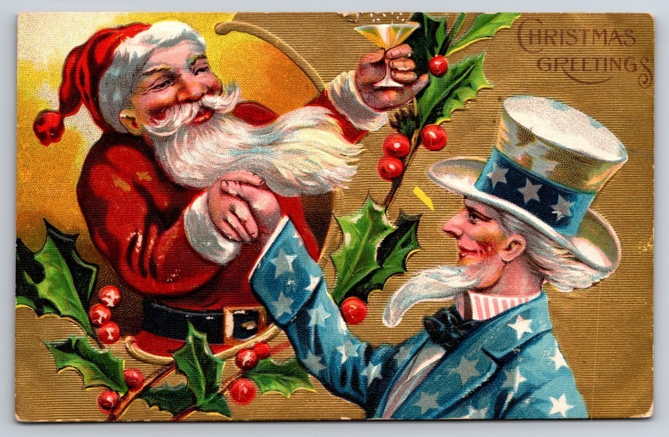 Santa Claus with Uncle Sam~Antique Embossed~ Patriotic Christmas Postcard-s628 Santa Claus with Uncle Sam~Antique Embossed~ Patriotic Christmas Postcard-s628