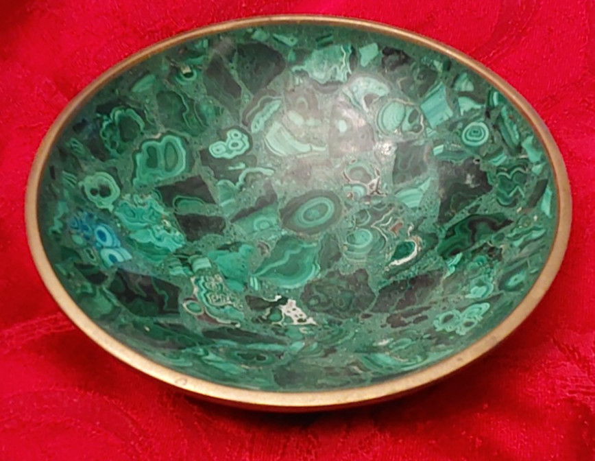 Antique Brass Rimmed Round Malachite larger Bowl 6.25