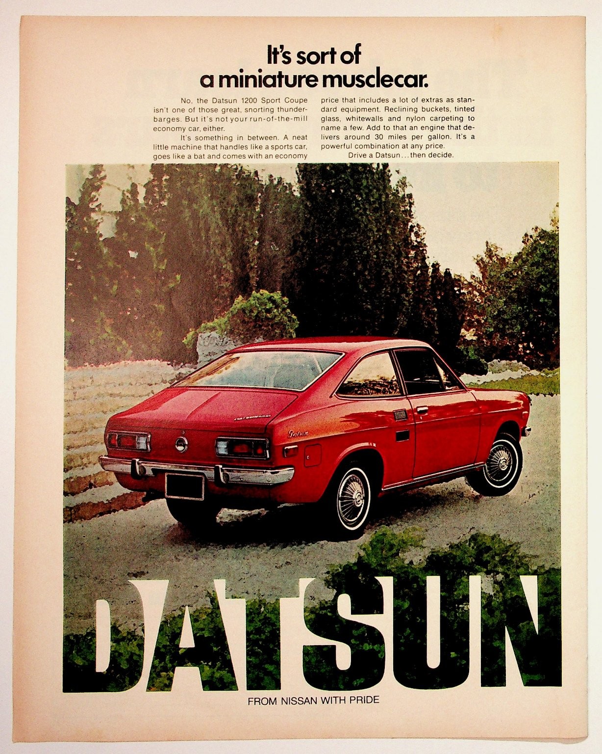 Vintage Datsun 1200 Sport Coupe Car Ad 1970s Vintage Datsun 1200 Sport Coupe Car Ad 1970s
