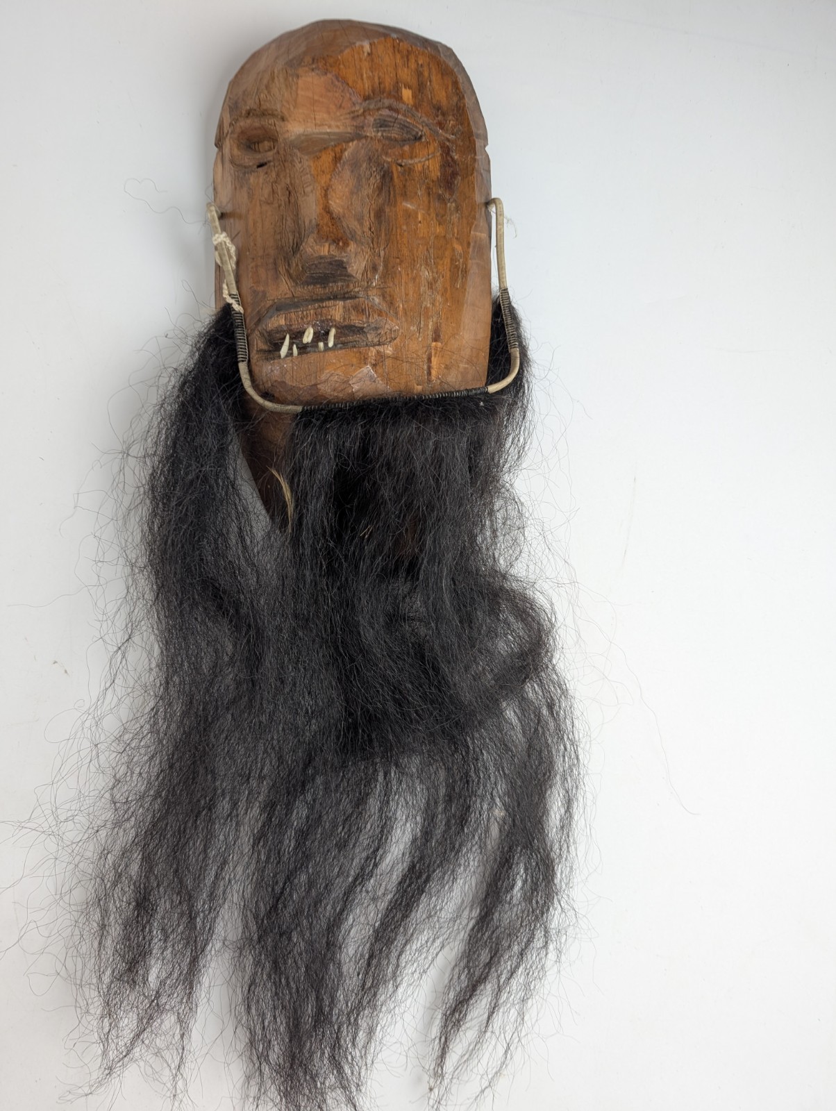 Vintage Tarahumara Raramuri Wood Mask Real Hair Bone Teeth Mexico Folk Art