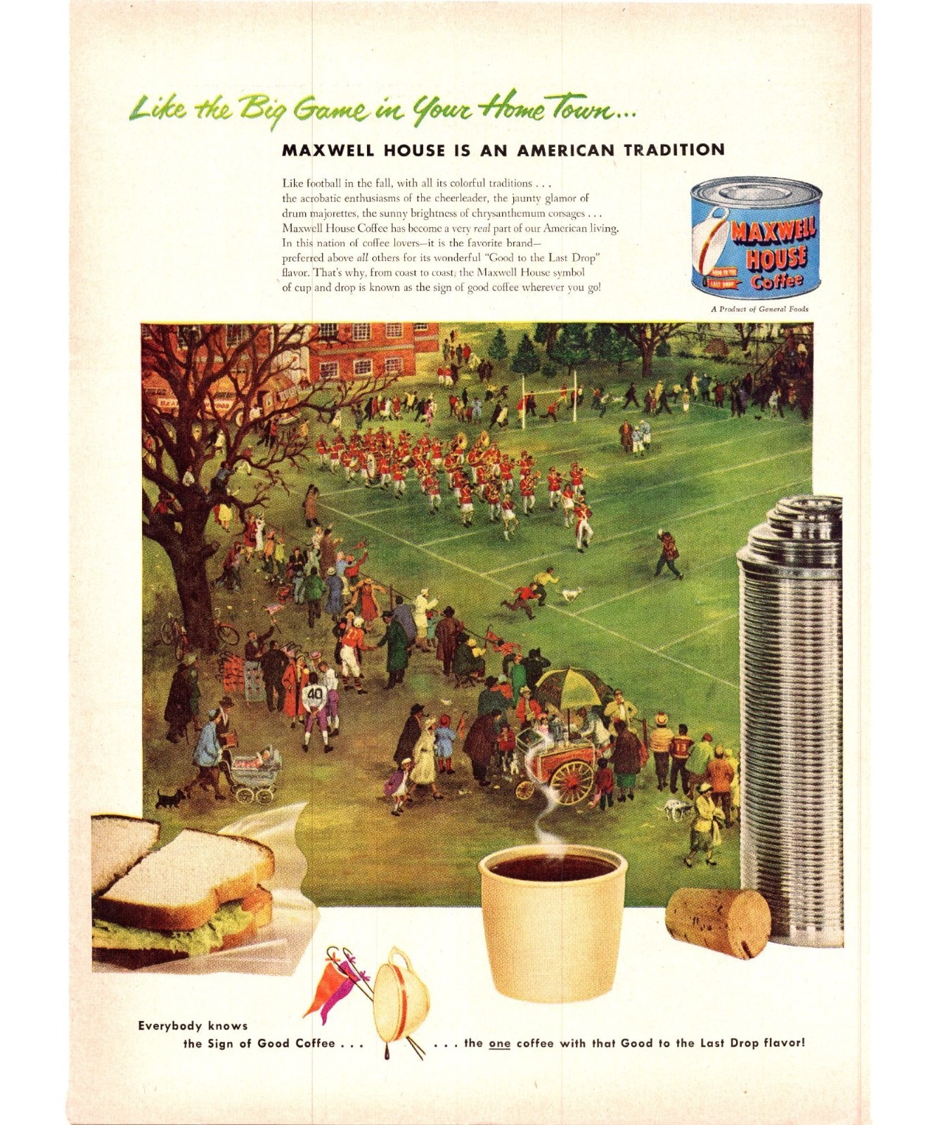 1951 Maxwell House Coffee Vintage Print Ad College Football Thermos Mug Wall Art