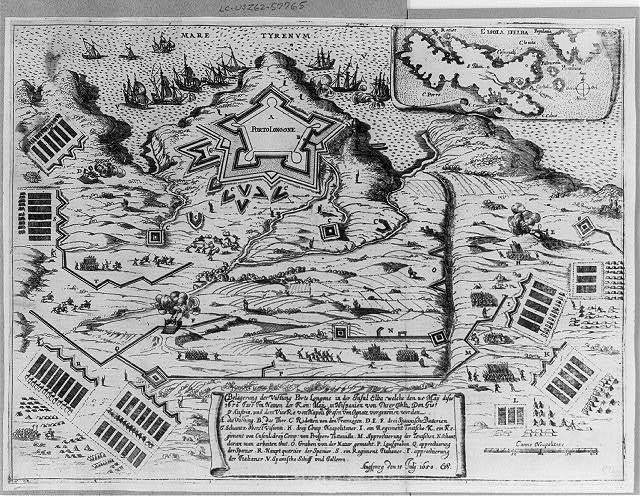 Porto Longone Elba Italy 1650 Spanish Siege Broadside Map Battle Plan