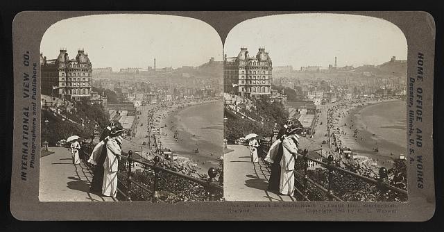 Photo:Scarborough England South Sands Castle Hill Beach Stereo View 1900s