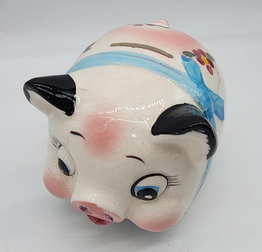 Vintage Anthropomorphic Blue Ribbon Piggy Bank Kitsch Ceramic Made In Japan