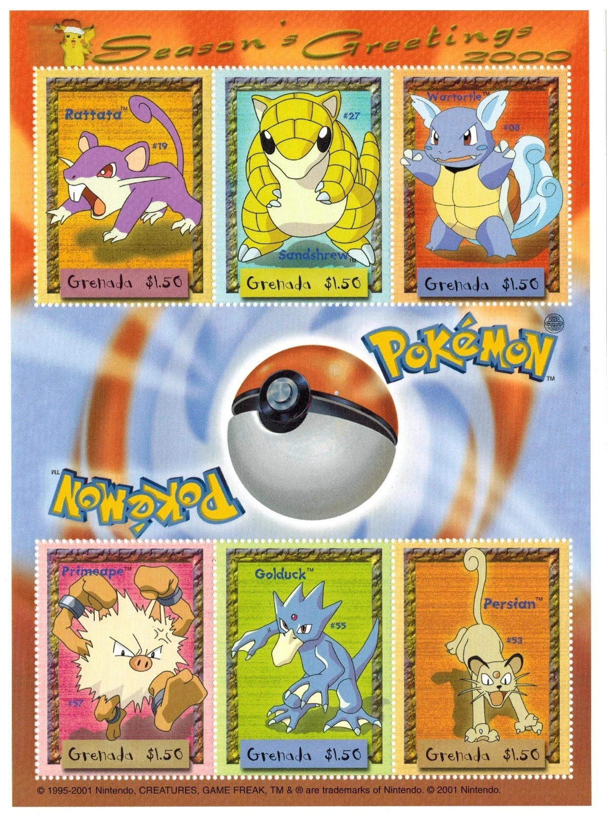 Grenada 2001 Pokemon Season's Greetings Sheet Of 6 Stamps Scott #3088 MNH Gem Grenada 2001 Pokemon Season's Greetings Sheet Of 6 Stamps Scott #3088 MNH Gem