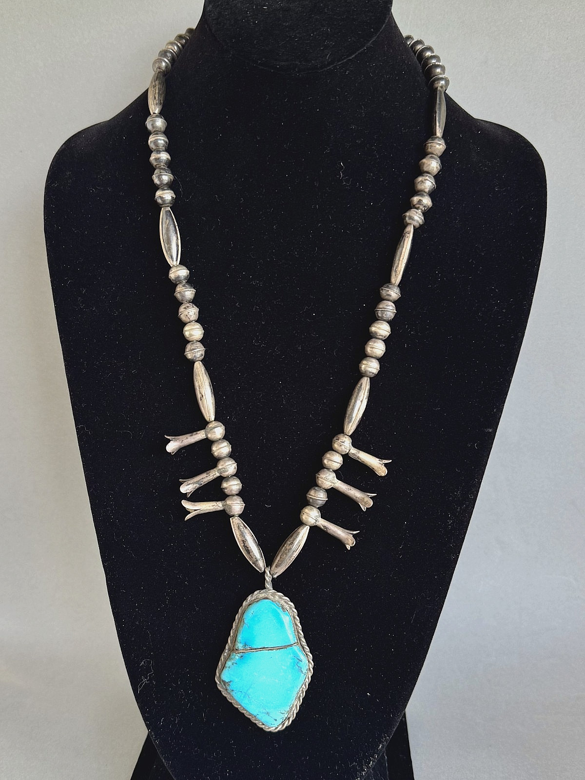 Old Pawn Sterling Silver and Turquoise Squash Necklace Old Pawn Sterling Silver and Turquoise Squash Necklace
