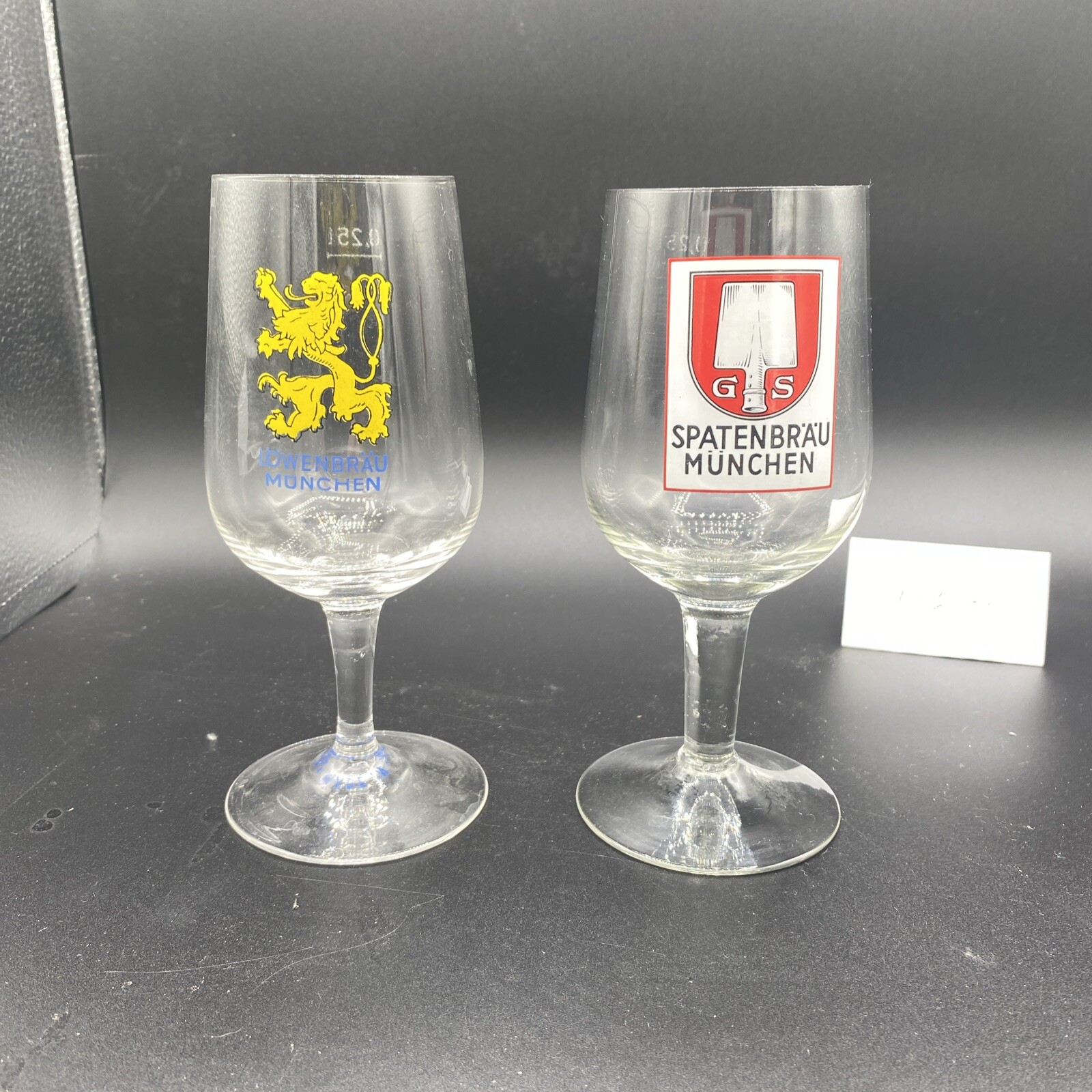 Lot Of 2- German Wine Glasses Spatenbrau & Lowenbrau Munched 7” Tall Lot Of 2- German Wine Glasses Spatenbrau & Lowenbrau Munched 7” Tall